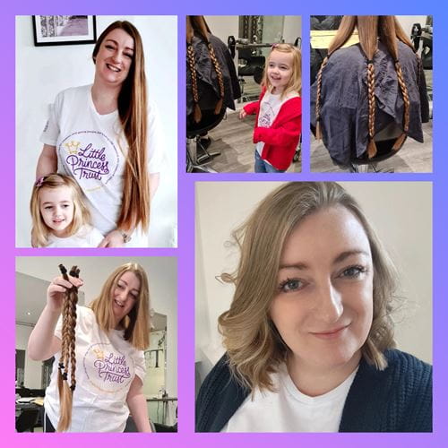 Collage of Francesca Paffett, in partnership with nursery The Butterfly Patch, who has raised over £700 for The Little Princess Trust in addition to donating her hair.