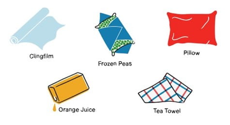 5 icons of 5 everyday items to use in a first aid emergency including cling film, frozen peas, pillow, orange juice carton and tea towel