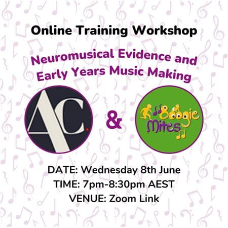Boogie Mites Online Training Workshop Promotional Poster for Neuromusical Evidence and Early Years Music Making 