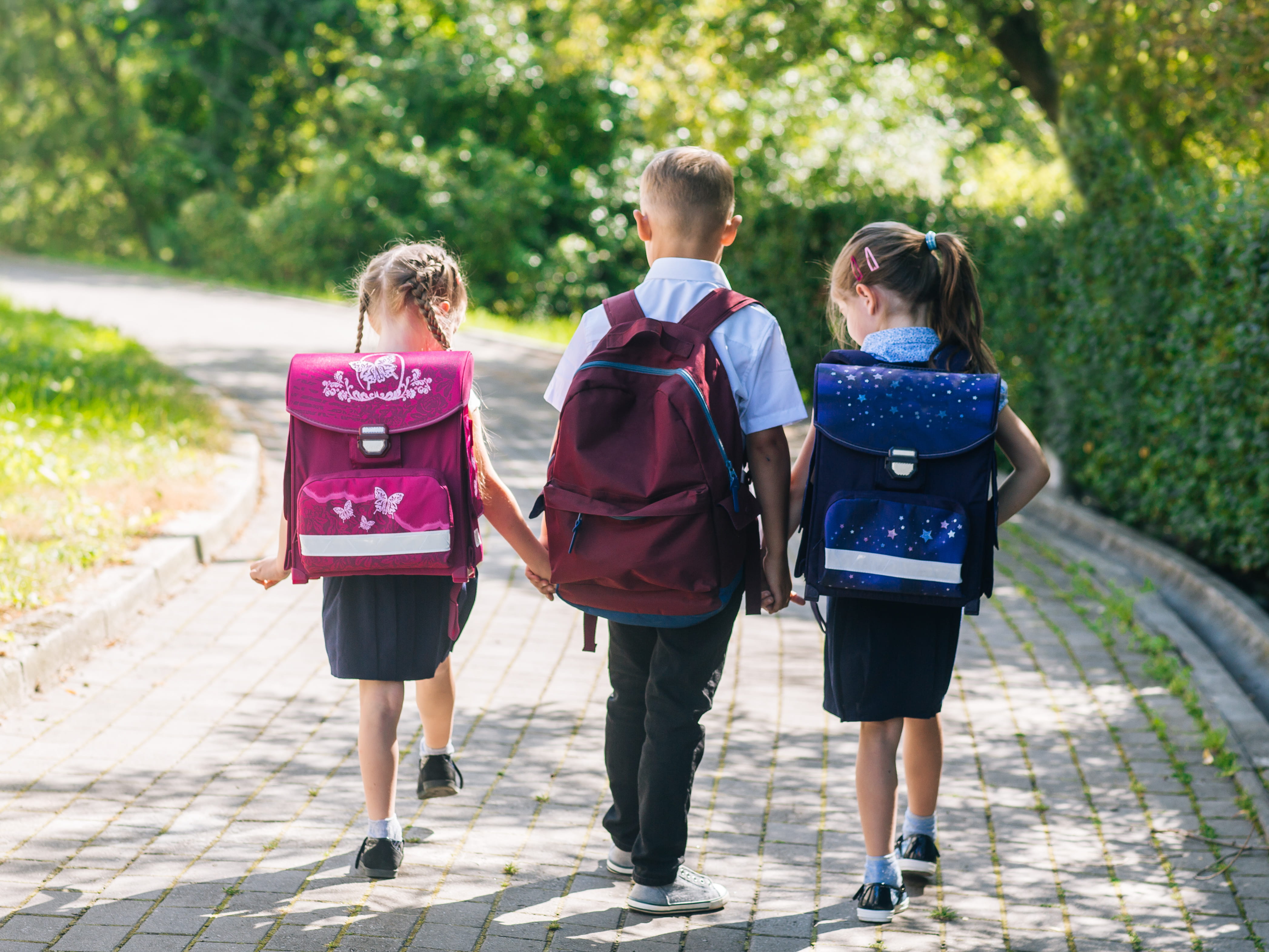 The back of 3 young children in school uniform walking in a row holding hands 