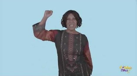 Screenshot of Boogie Mites musical rhymes video clip showing lady with fist pump 