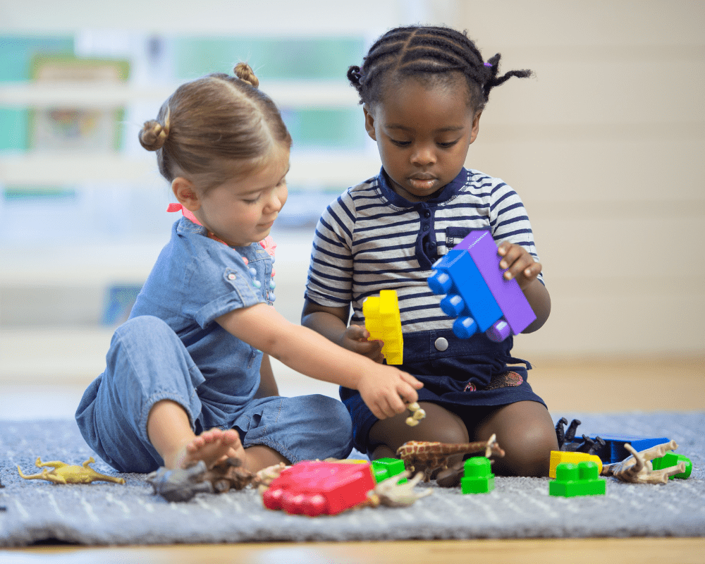 Two toddlers playing together amiably on the carpet