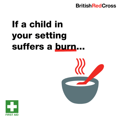 British Red Cross first aid graphic for a child with a burn