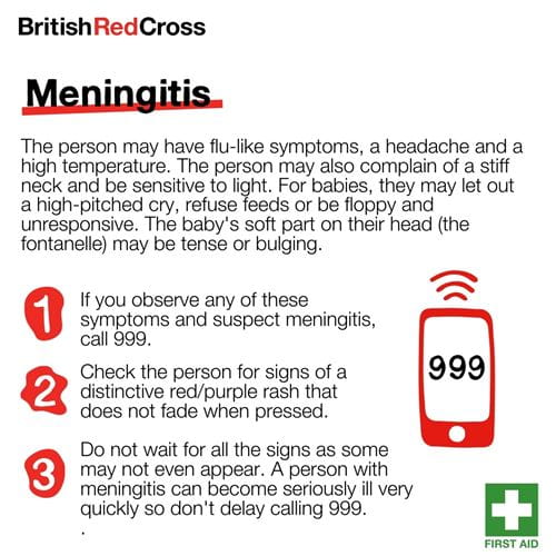Graphic showing 3 step first aid advice from the British Red Cross for meningitis 