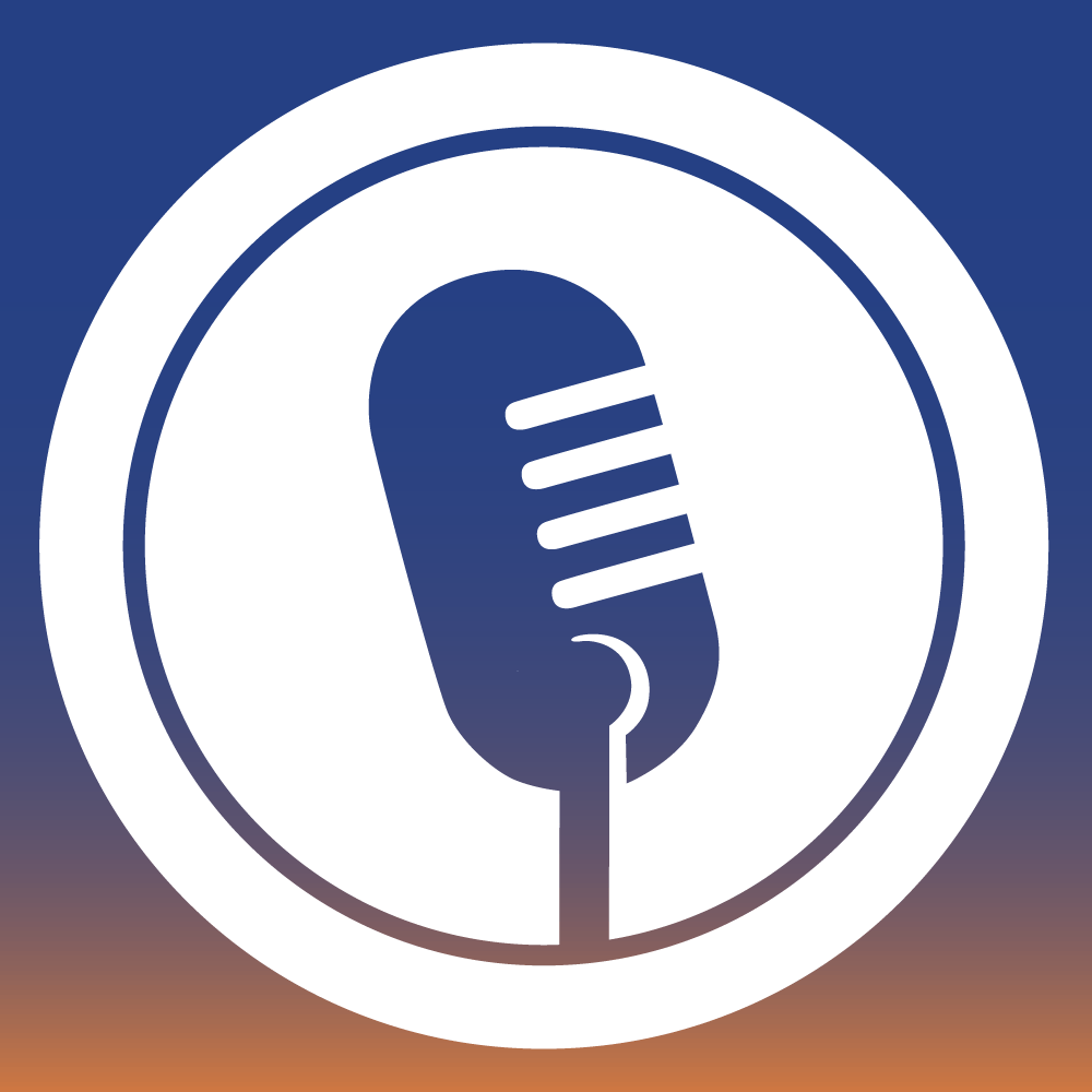 Studio microphone icon in a white roundel on a blue and orange hue background