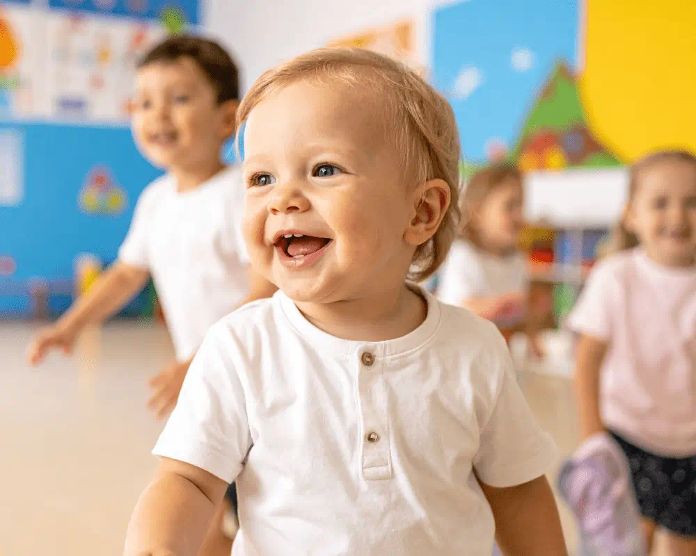 Close up of happy toddler smiling in classroom with other children in the background out of focus