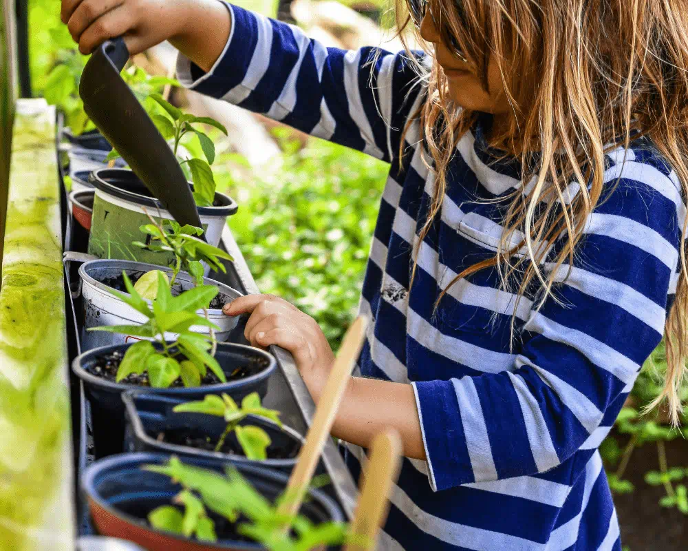 Child planting outdoors in garden 