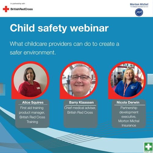 Blue Child Safety webinar poster featuring headshots and job titles of the 3 panel speakers
