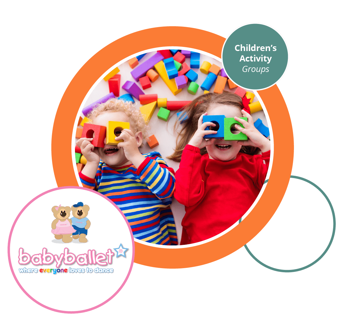 Decorative image showing two children lying on the floor playing, holding colourful toy blocks over their eyes. 