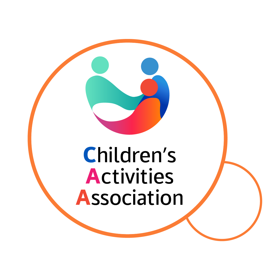 Children's Activities Association (CAA) logo in roundel with orange frame and decorative circle