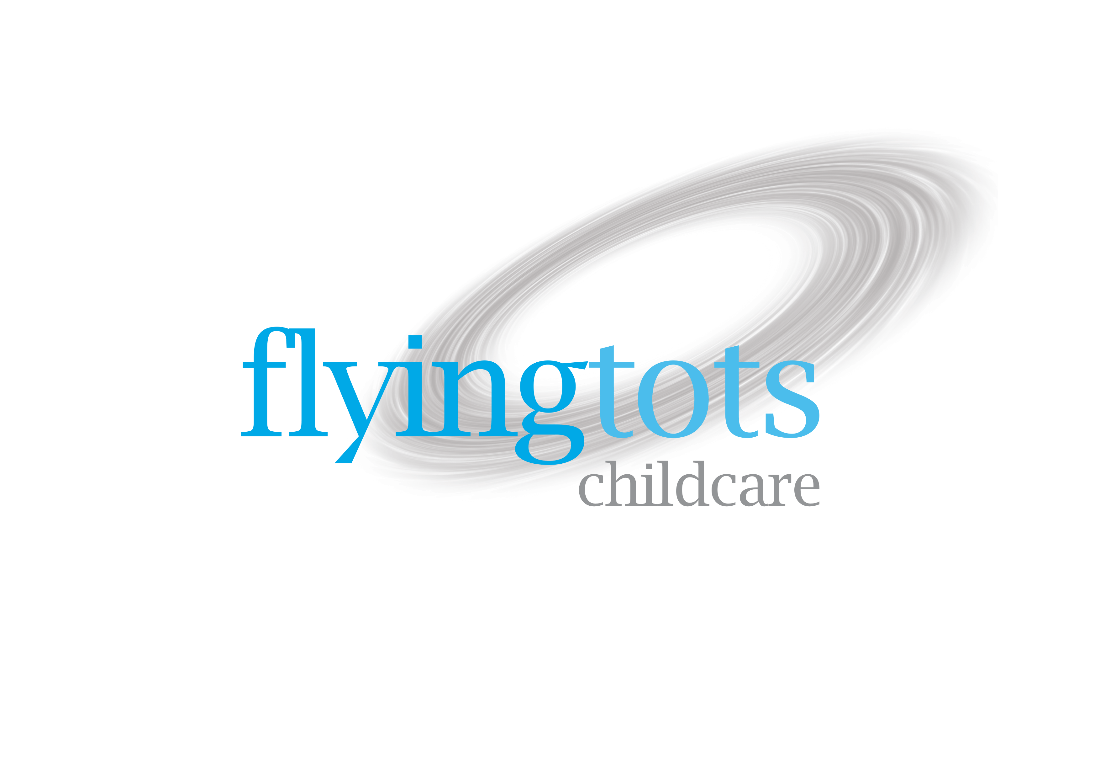 Flying Tots childcare logo with blue font and silver halo