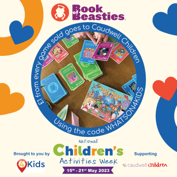 Design of What's On 4 Kids partnership with Children's Activities Week and Book Beasties' Happy Heads cards game