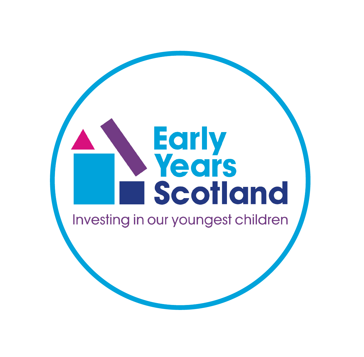 Early Years Scotland logo in roundel with blue frame