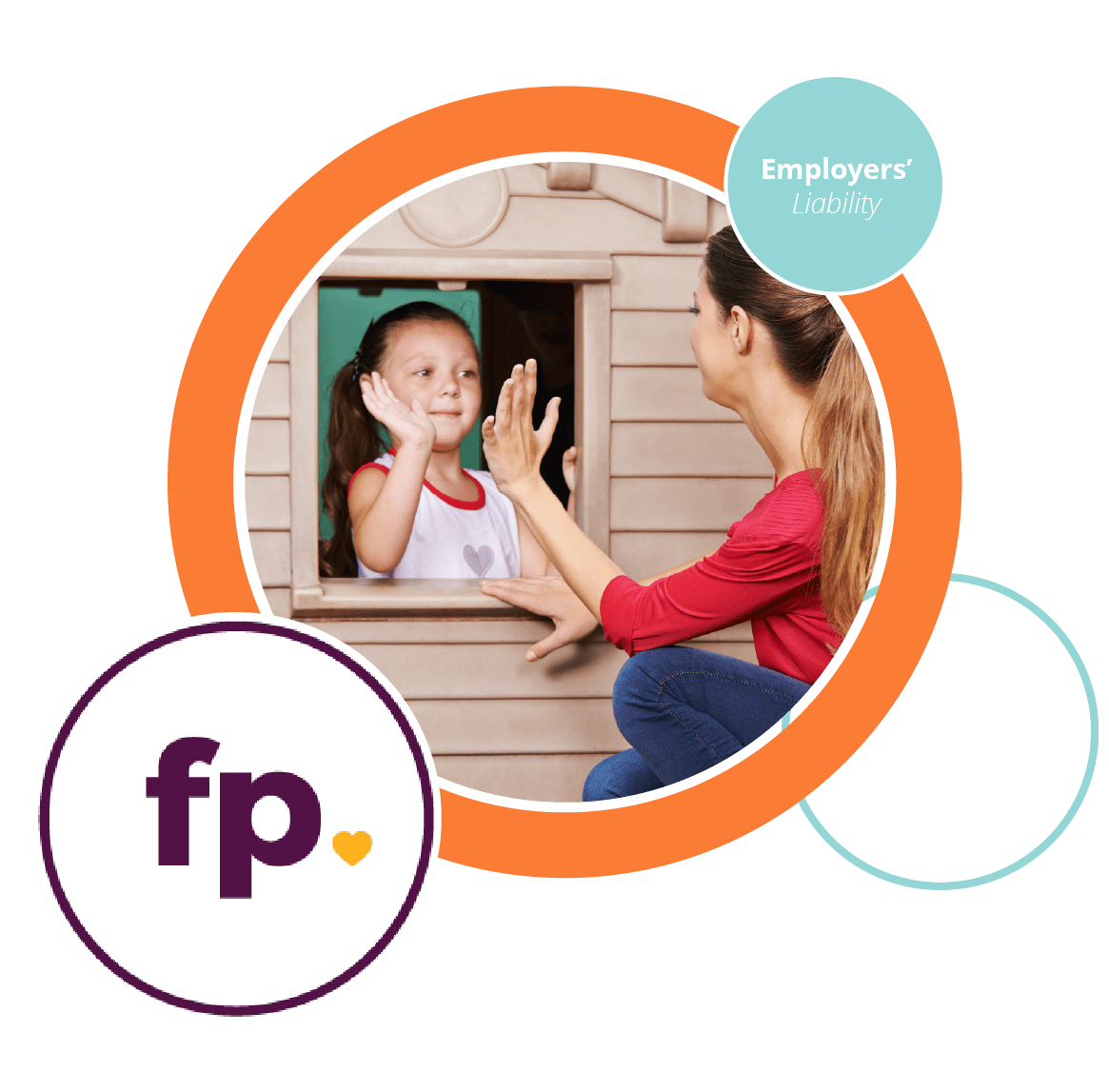 Decorative image for Morton Michel's Employers' Liability insurance product for Family Payroll members showing young girl playing in toy house high-fiving childcarer, and the Family Payroll logo in a roundel.