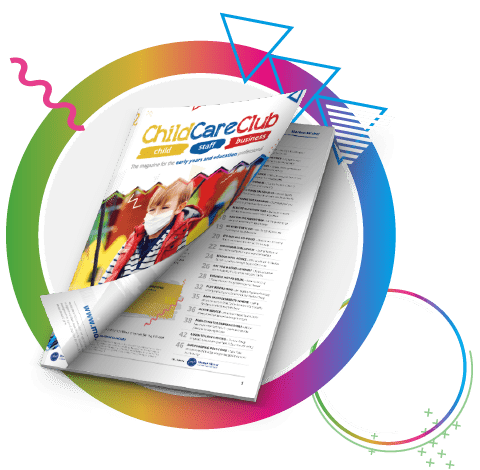A multicoloured circle image with a graphic of our ChildcareClub magazine inside it.
