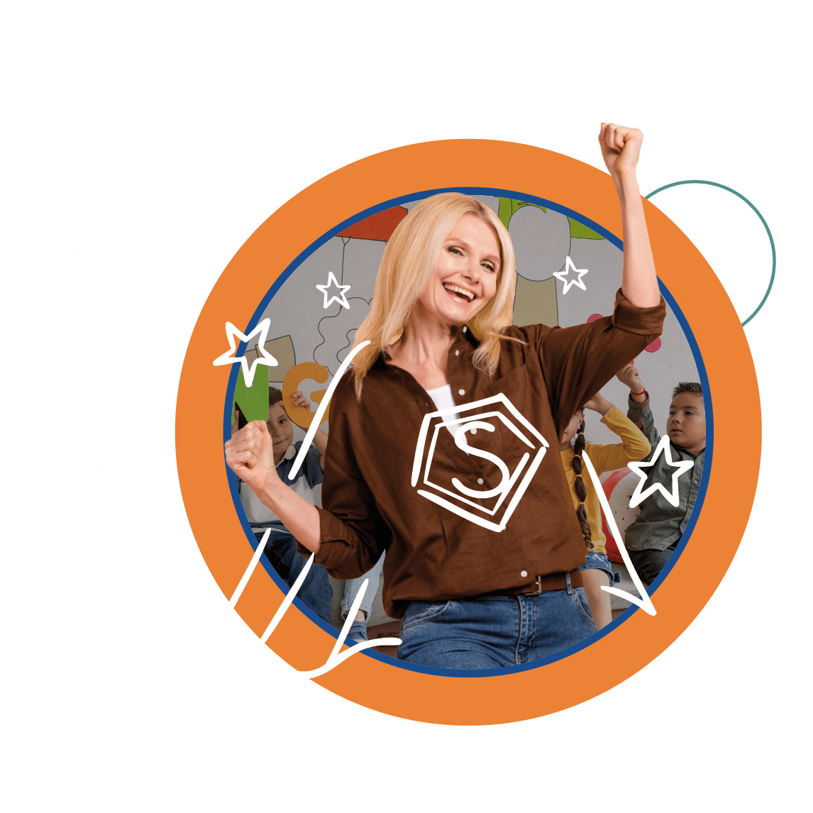 A cheerful blonde female teacher poses as a superhero in front of her students 