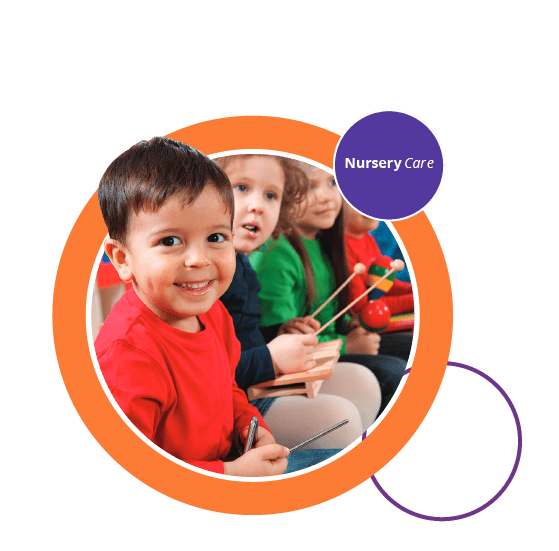 Children in a nursery, playing with musical instruments.