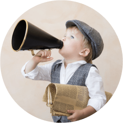 A decorative image of a small boy wearing a newsboys cap and shouting into a vintage loud hailer.