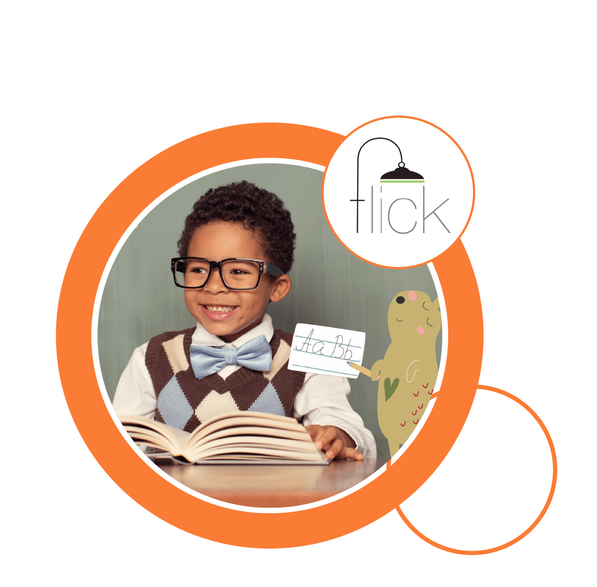Young boy with glasses smiling with a book in front of him and a cartoon illustration of an animal next to him holding a piece of paper with letters of the alphabet on it. flick learning logo on the corner of this image