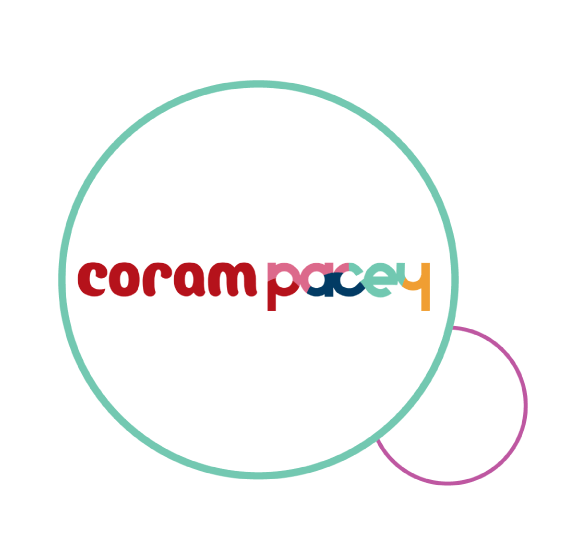 The Coram PACEY logo on a white circle with a turquoise outline