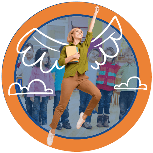 A grinning blonde female teacher reaches out like a superhero in front of a class of smiling students