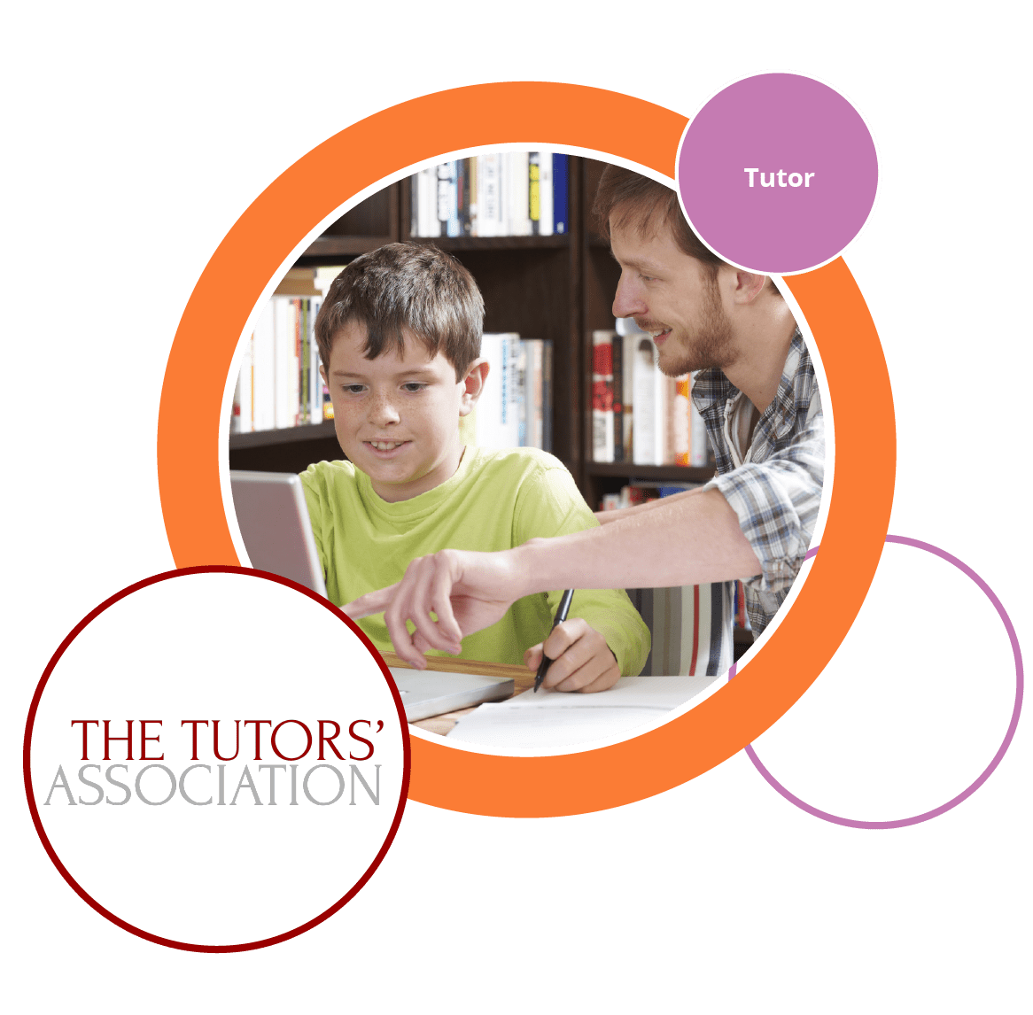 Decorative image showing tutor supporting child as they learn and The Tutor's Association logo in a roundel.