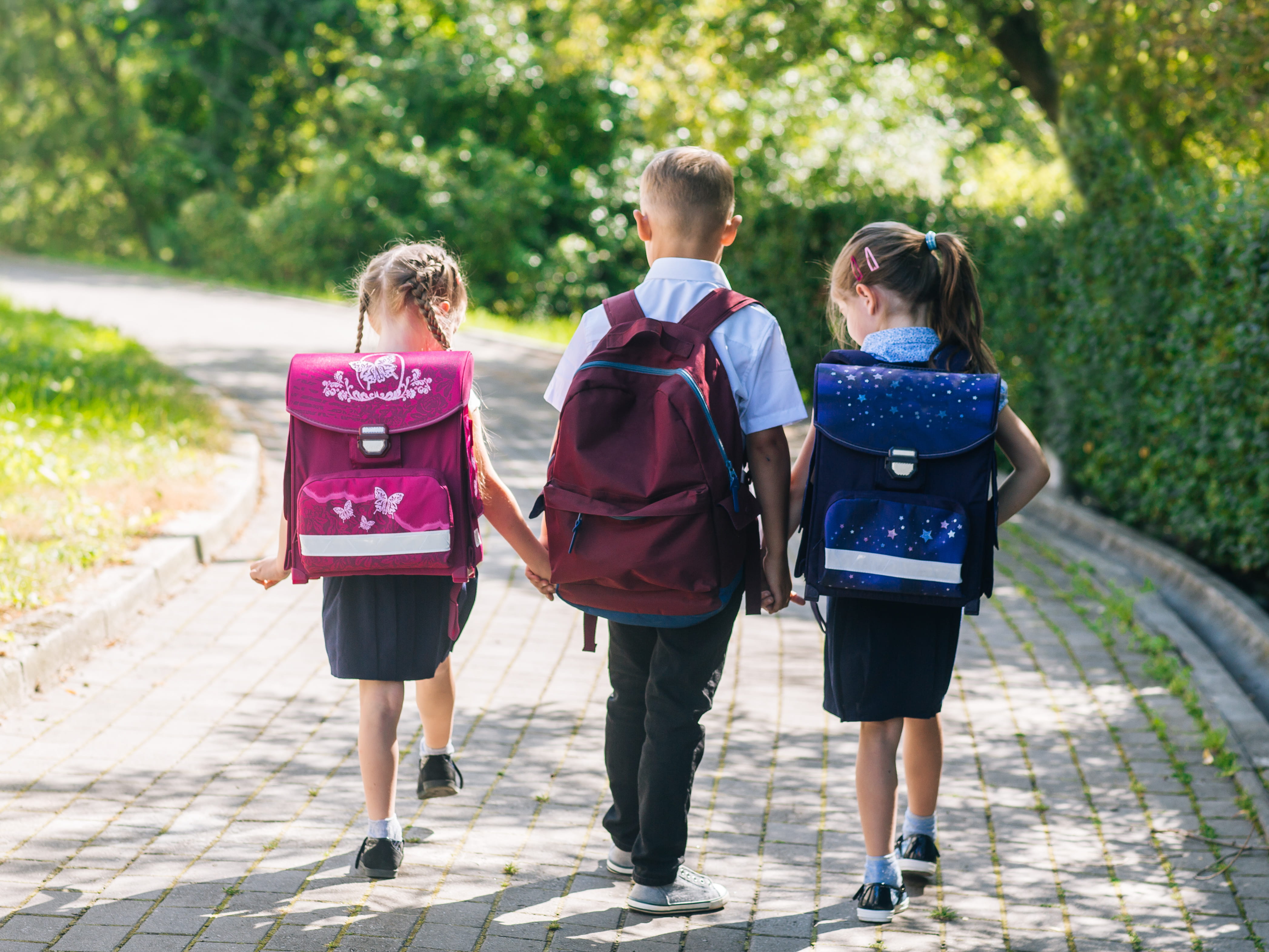 The back of 3 young children in school uniform walking in a row holding hands