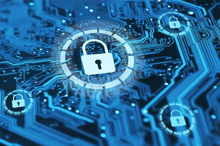A blue computerised graphic showing a graphic of 4 padlocks to convey the importance of cybersecurity