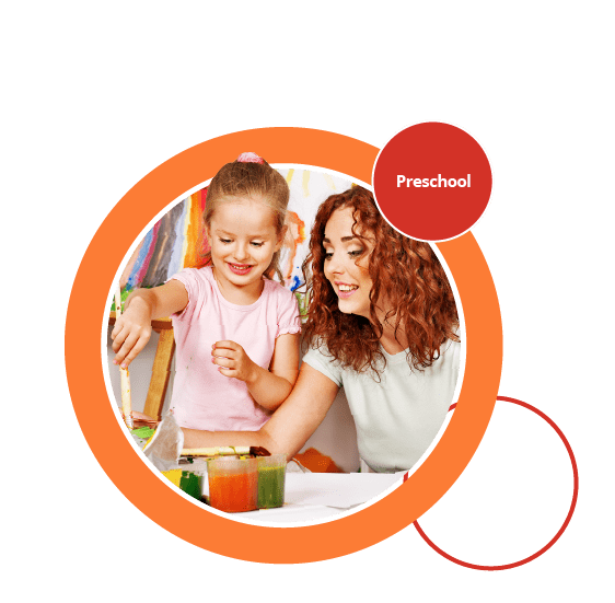A pre-school age child painting alongside a childcare worker. A photograph pre school child painting with the help of a childcare worker.