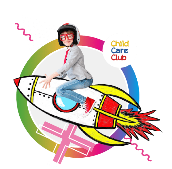 A circle image of a child sitting on top of a brightly coloured rocket ship.