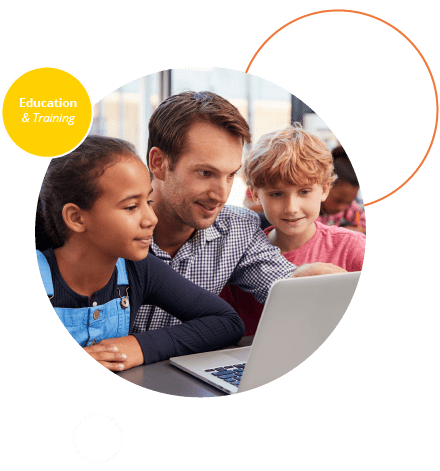 Decorative image showing teacher supporting children as they learn.
