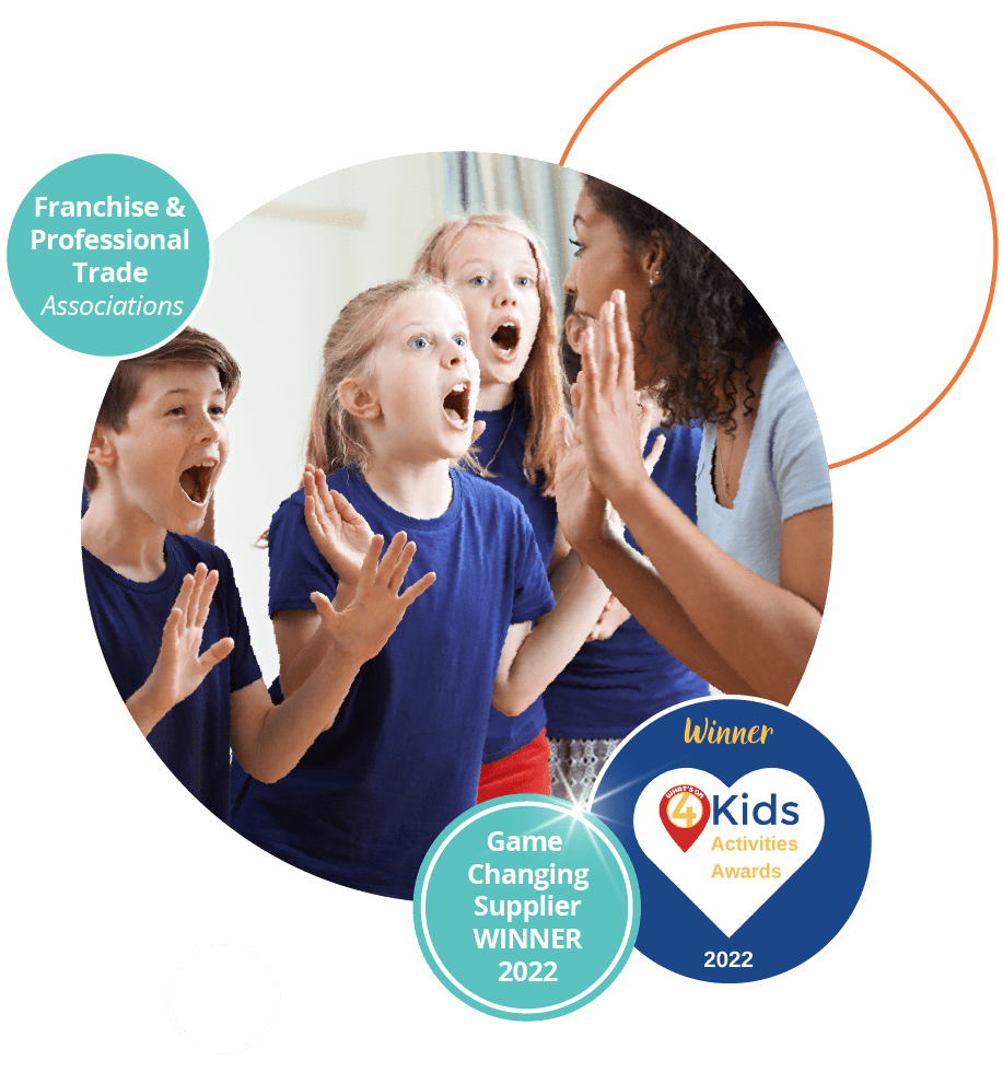 Group of children with teacher enjoying drama class together